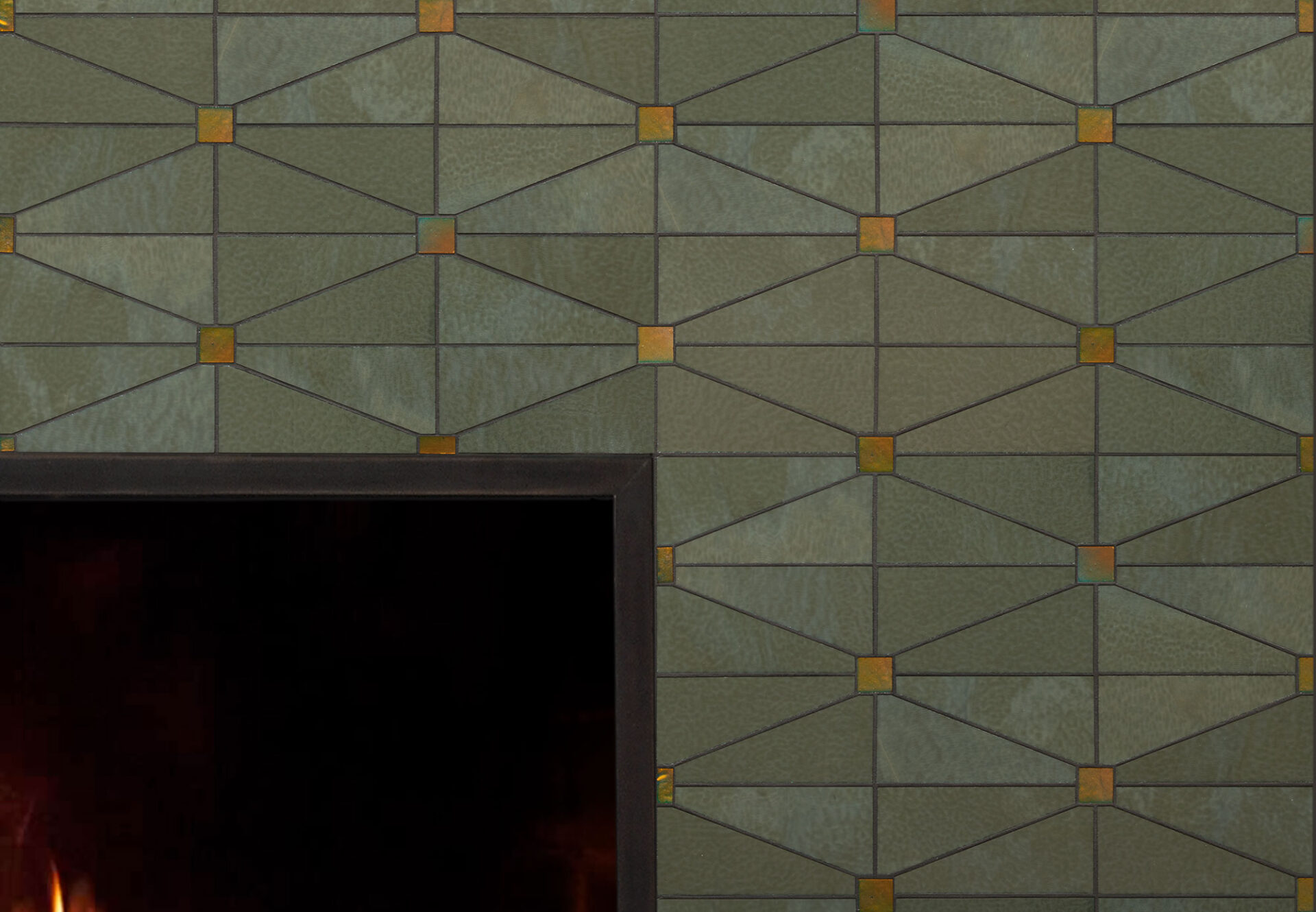 Mosaic fireplace with cranbrook moss design