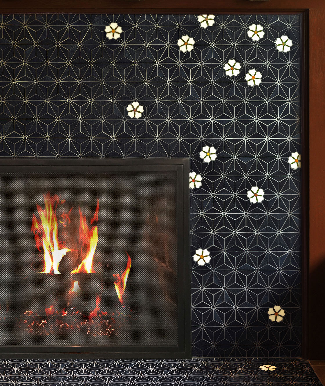 Mosaic fireplace with indigo sashiko design