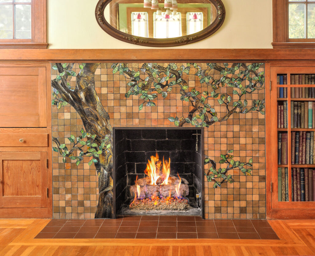 Mosaic oak tree fireplace