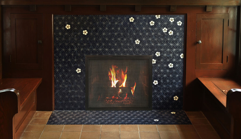 Mosaic fireplace with indigo sashiko design