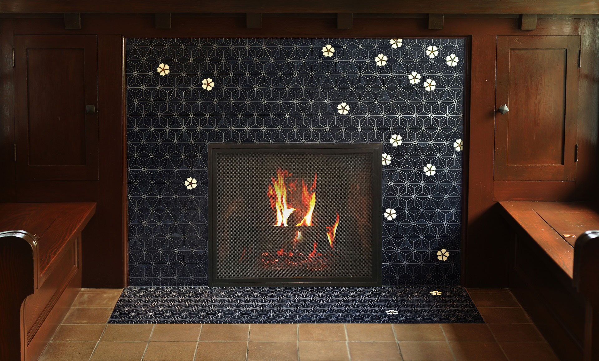 Mosaic fireplace with indigo sashiko design