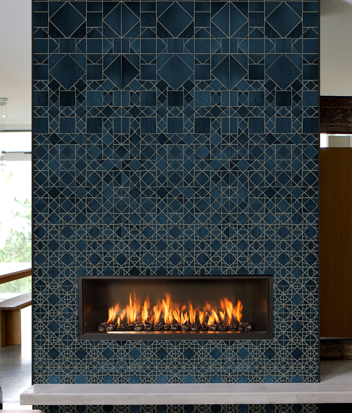 Mosaic fireplace in wave pattern