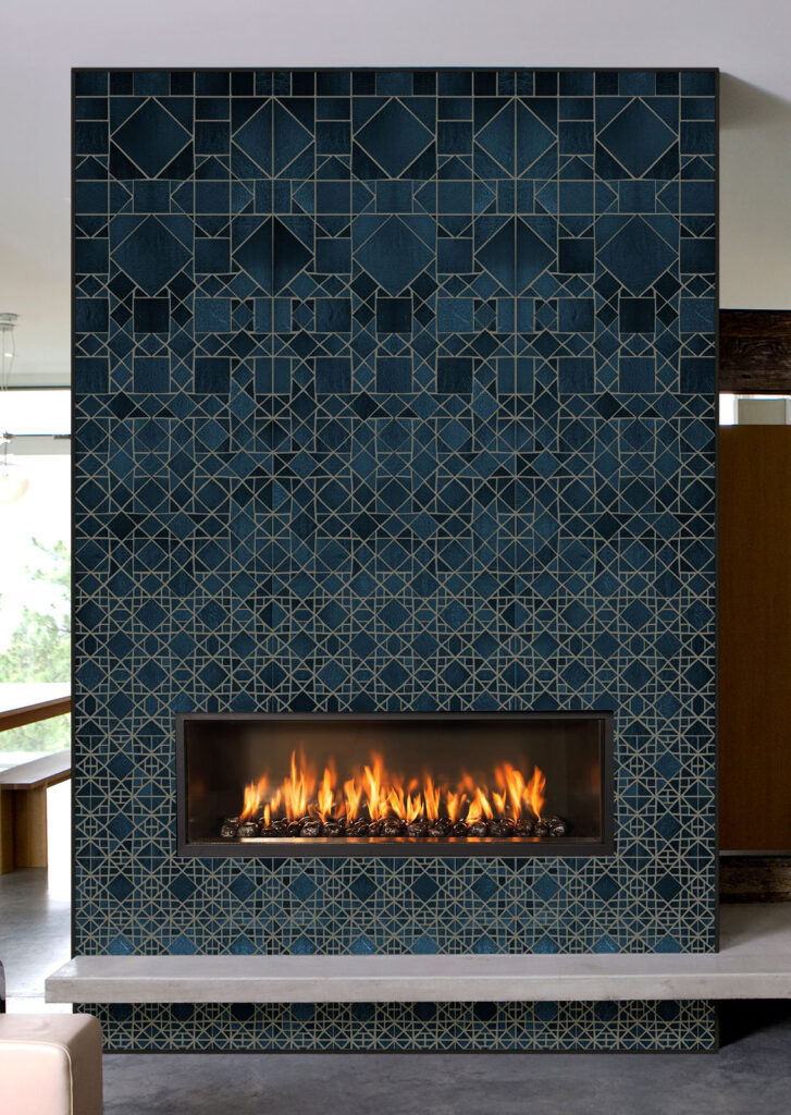 Mosaic fireplace in wave pattern